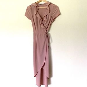 Pink ruffle details midi wrap dress